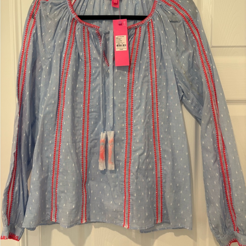 NWT Lilly Pulitzer Mardi Top in blue chambray with red/coral striping. Medium